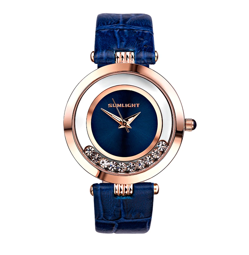 Женские часы с танцующими кристаллами на кожаном ремне SUNLIGHT|Женские наручные
