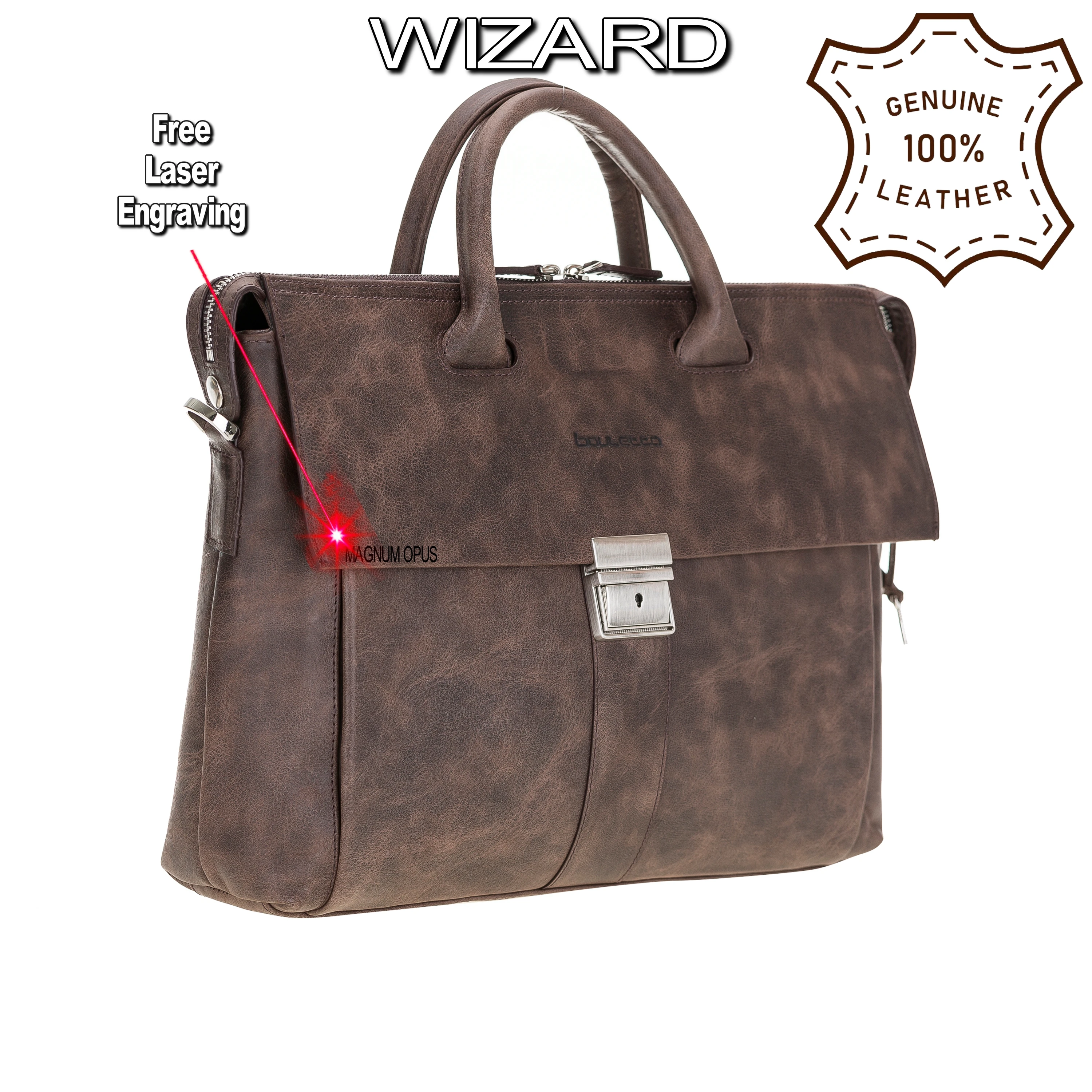 Handmade Genuine Leather Briefcase Notebook Laptop Bag Handbag with Shoulder Strap Elegant and Stylish Business Durable Bag 14