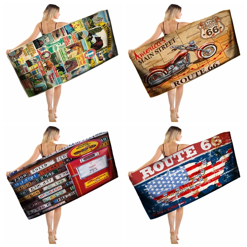 

Various Old American License Gas Station Plates Route 66 Map Vintage National Park Posters Quick Drying Towel By Ho Me Lili