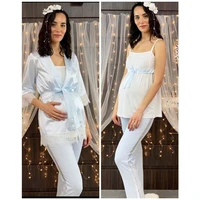 blue satin morning packer pajamas suit 3 pieces suitable for breastfeeding top clothing