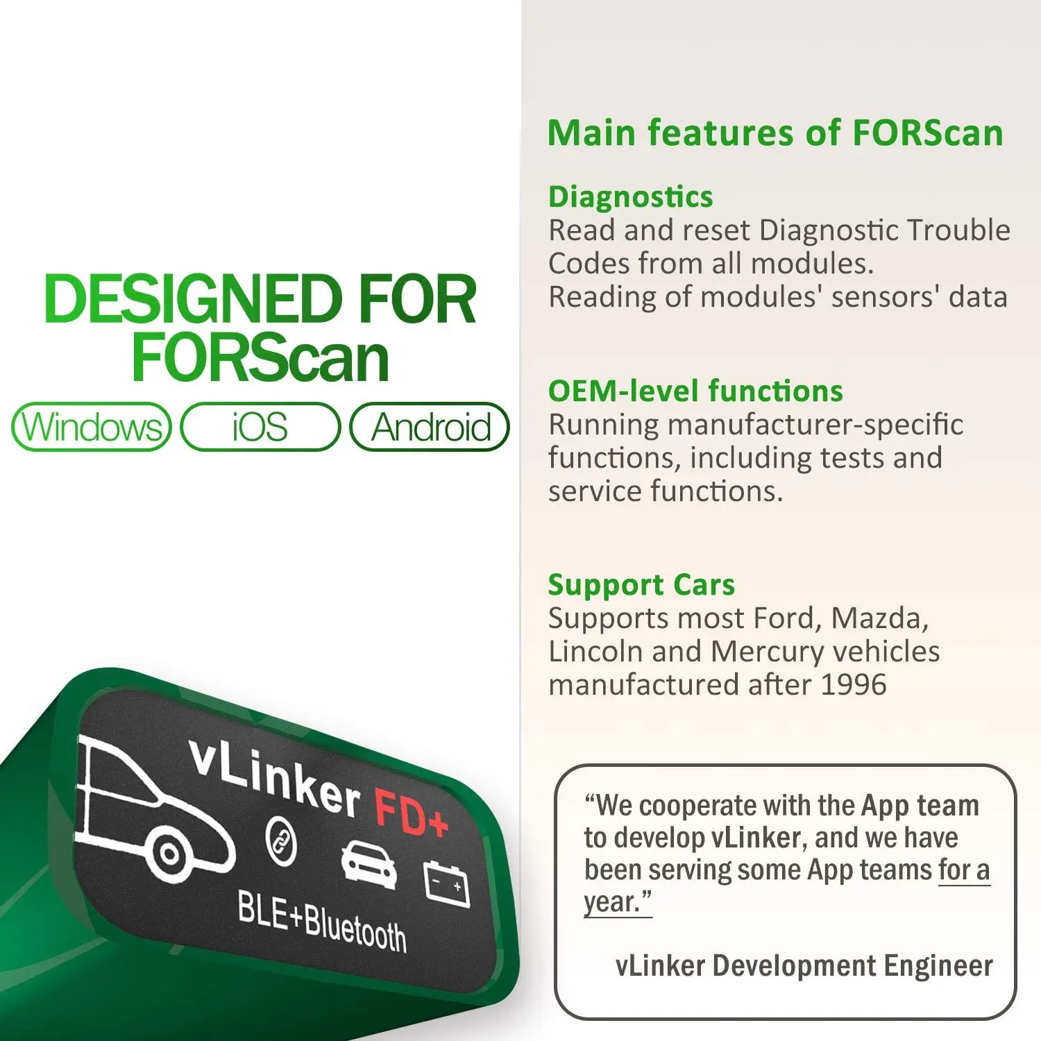 Vgate vLinker FD Plus OBD2 адаптер Bluetooth BLE elm327 obd сканер для FORScan работа с iPhone Android и Windows |