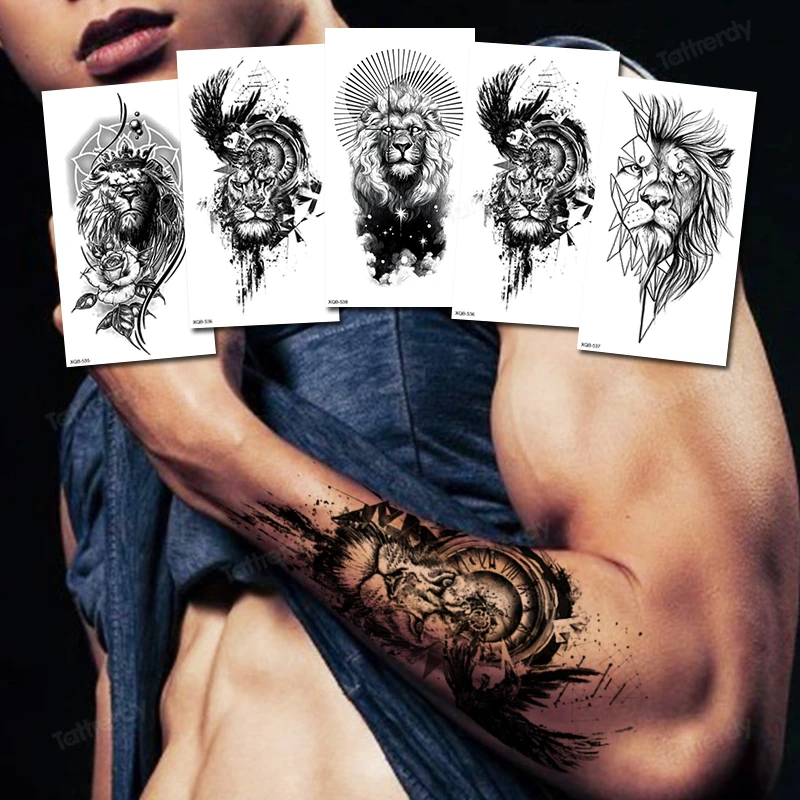 

Сексуальная тату-наклейка аниме тигр голова льва лес король королева узор черная рука водостойкая Временная тату для мужчин женский боди-а...