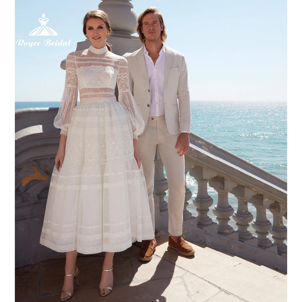 

Lovely High Tulle Full Lantern Sleeve Short A line Wedding Dress 2022 Lace Bridal Gown Ankle-Length vestido de fiesta de boda