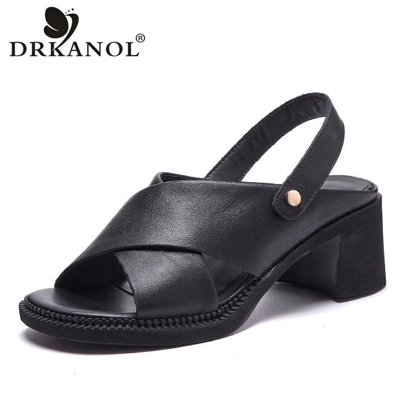 

DRKANOL Brand Sandals Women 2022 Summer Shoes Fashion Peep Toe Genuine Cow Leather Thick High Heel Sandals Women Slippers Black