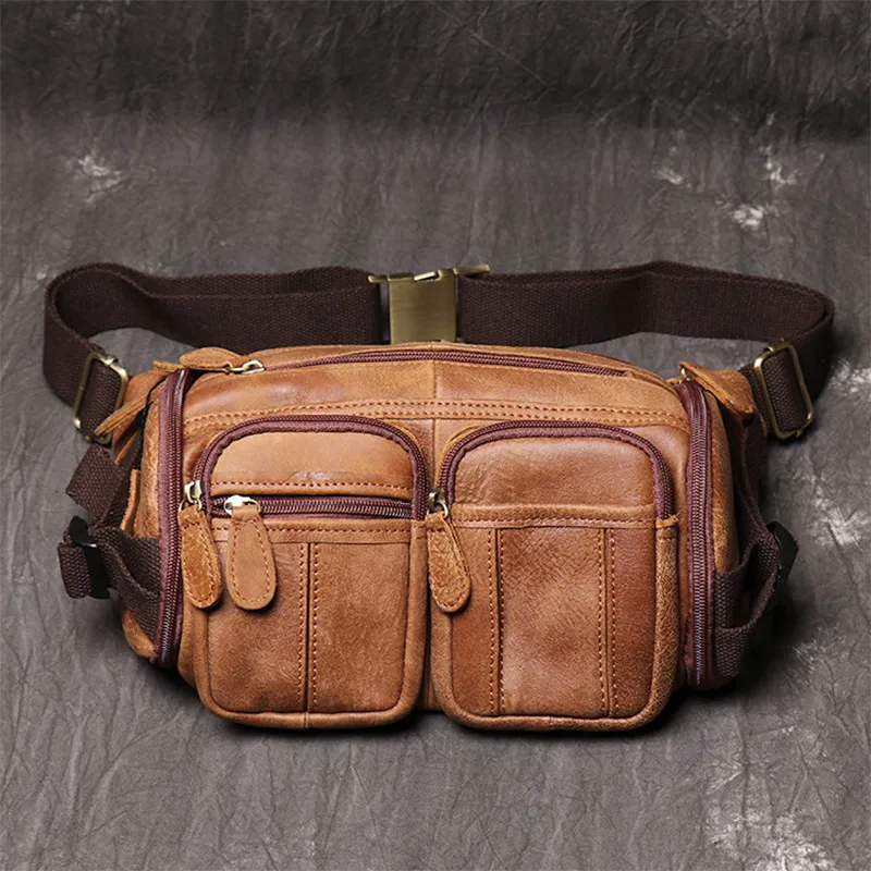 Lachiour Large Genuine Leather Waist Bag for Men Real Leather Fanny Packs Male Travel Sling Shoulder Bag Men's Crossbody Bag