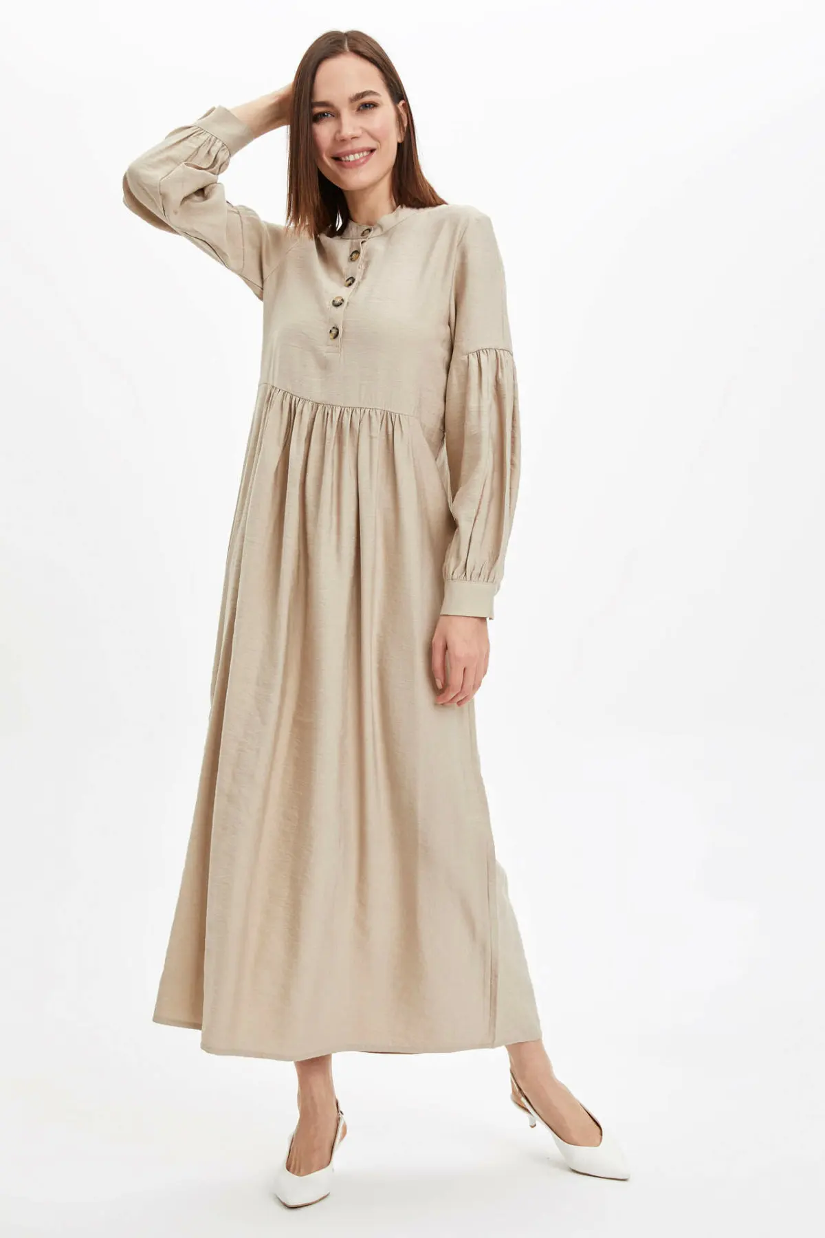 Женское Тканое платье DeFacto весеннее платье-блузка бежевого цвета с длинным