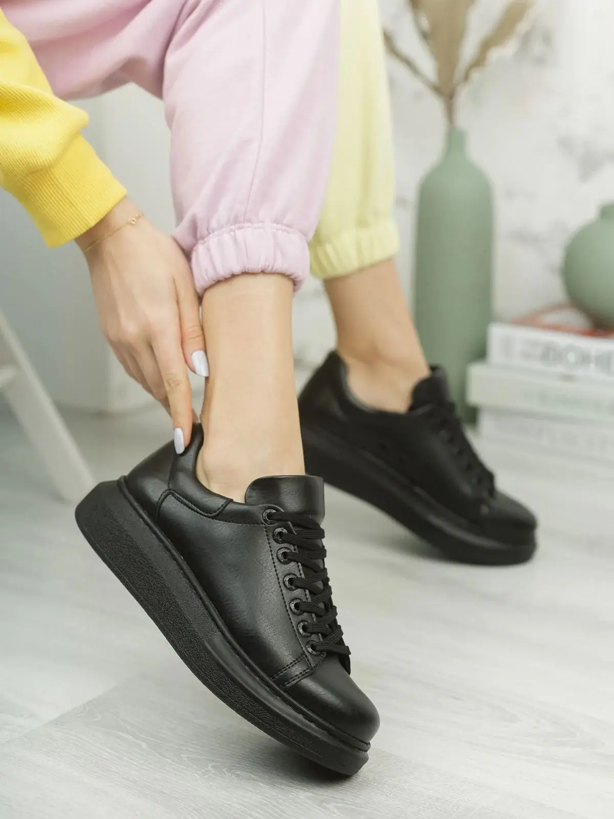 Chekich Black Color Dark Sole Lace-up Artificial Leather Women Shoes Orthopedic Odorless Eco-Friendly 4 Seasons Vegan CH257