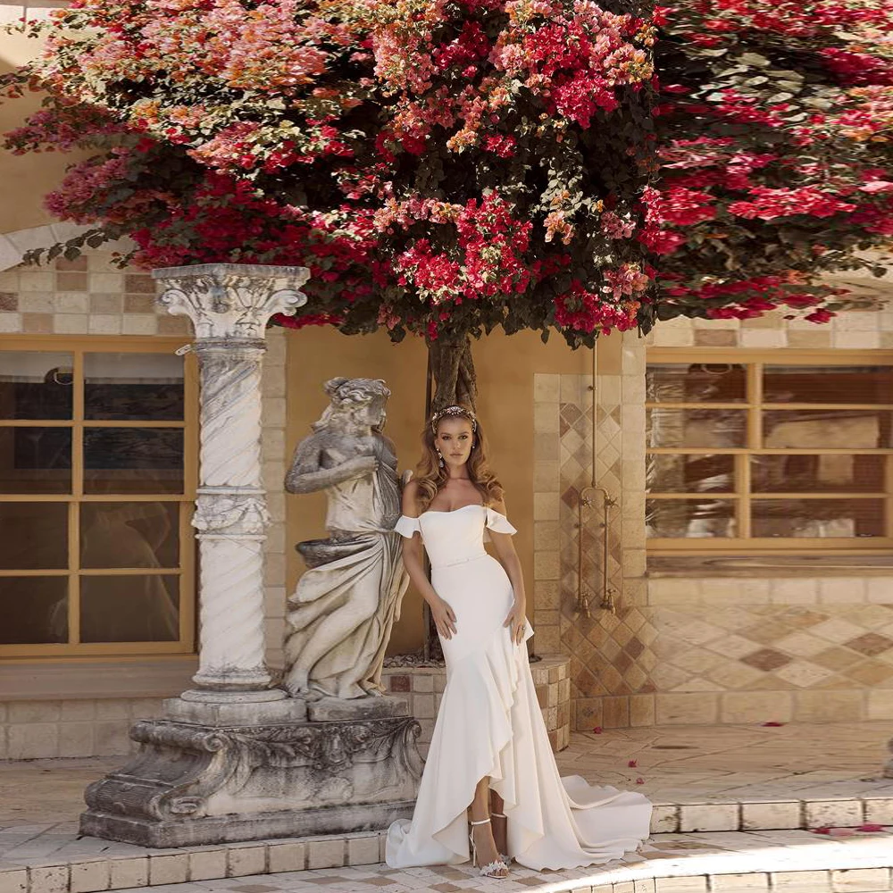 

Sexy Wedding Dresses Jersey Pleat Sweetheart Off-Shoulder Zipper A-Line Bridal Gowns Novia Do 2021 New Party