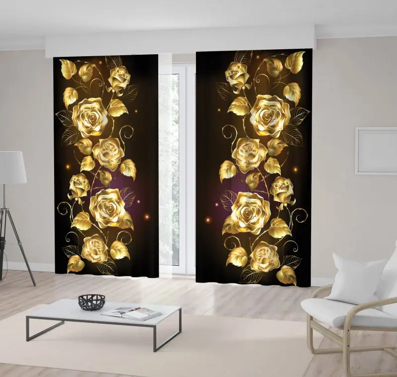 

Curtain Gold Roses Flower Branches Leaves on Black background Romantic Classic Floral Pattern Printed
