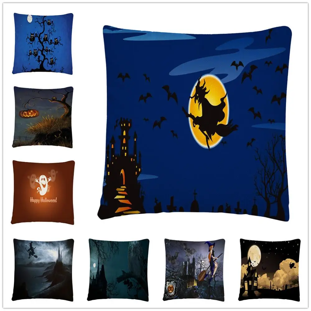 

Halloween Ghost Witch Pattern Cartoon Linen Cushion Cover Pillow Case for Home Sofa Car Decor Pillowcase 45X45cm