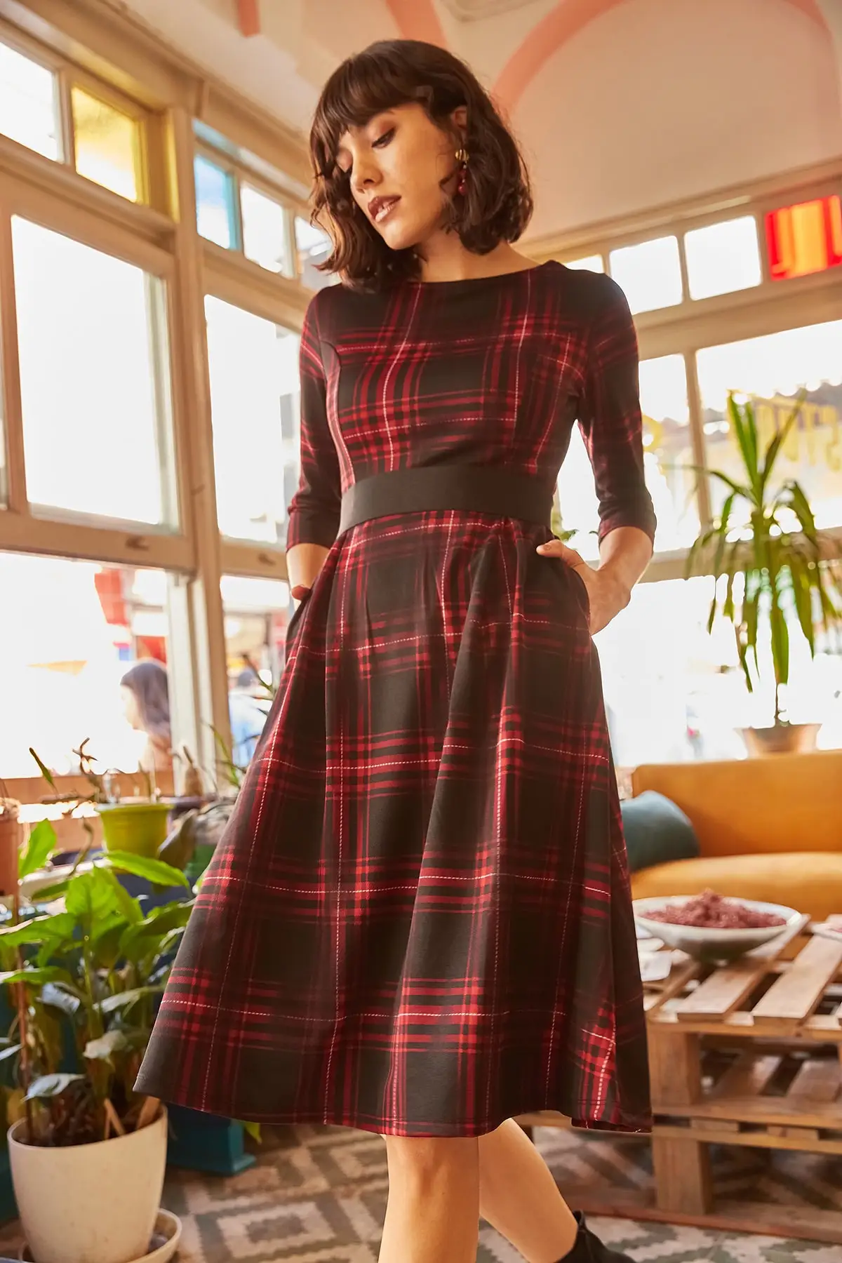Ola Women Plaid Pockets Cloche Dress ELB-19000870 | Женская одежда
