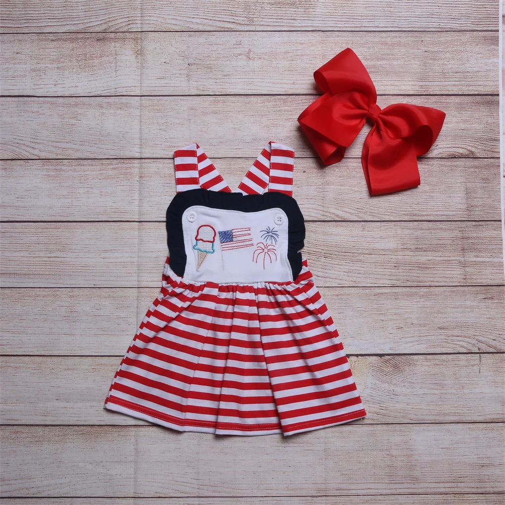 

Independence Day New Design Blue Lattice Floral Dress Clothes For Girls Newborn Infant USA National Flag Embroidered Skirt