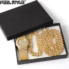 Часы + цепочка + браслет в стиле хип-хоп, украшенные кристаллами со льдом 15 мм, кубинские стразы, Miami Zircon, мужские ожерелья для мужчин, ювелирные изделия