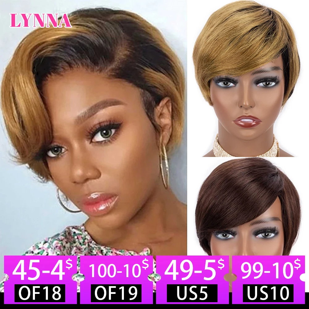 

Short Pixie Cut Wig Glueless Straight Short Bob Human Hair Wigs with Bang Full Machine Human Hair for Black Women Red Brazilian
