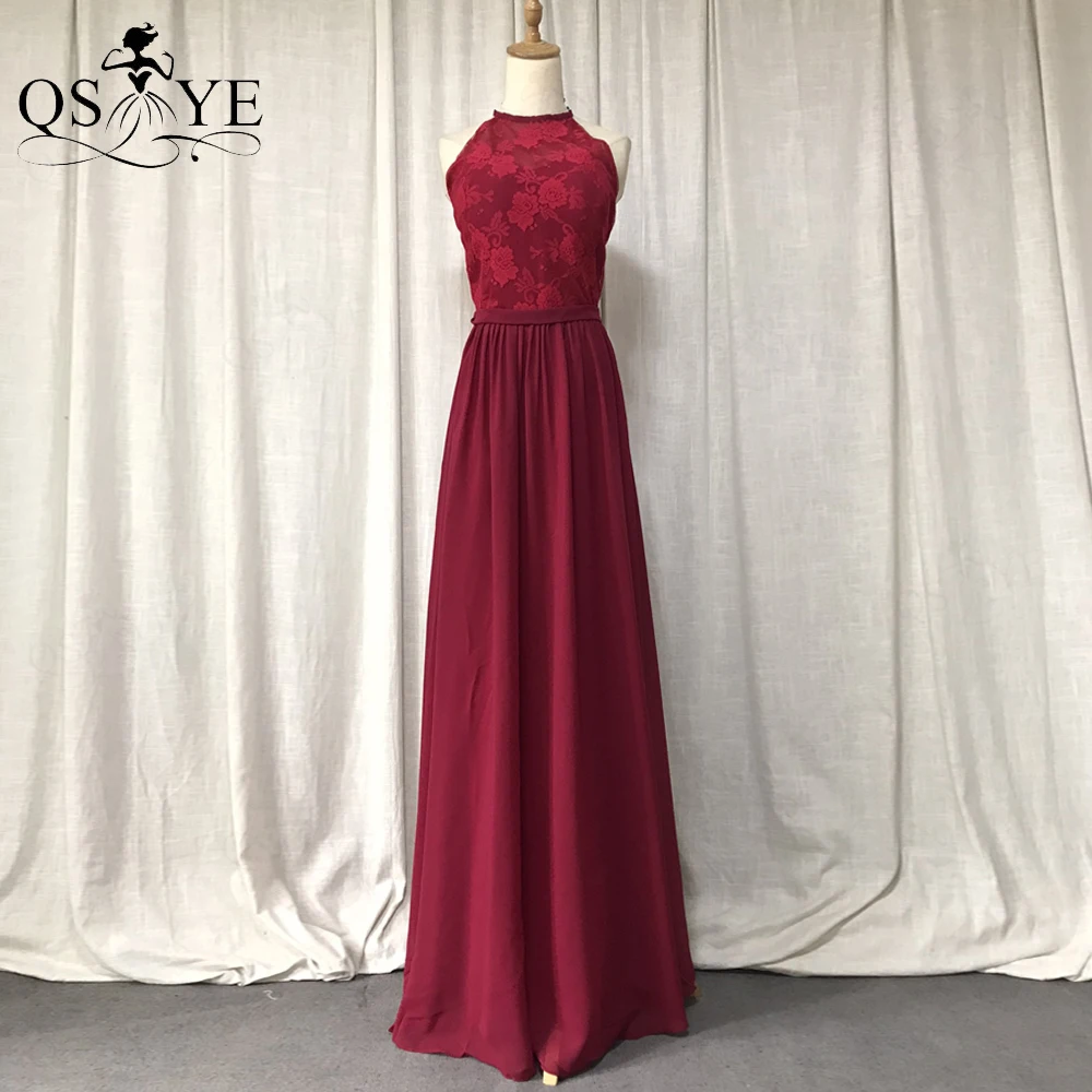 

Halter Burgundy Bridesmaid Dresses Lace Bodice Party Dress Keyhole Back Girls Dark Red Chiffon Party Evening Gown