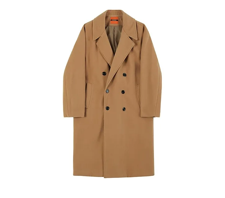 Obrix Мужское шерстяное пальто базовое двубортное с v-образным вырезом и длинным