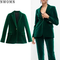 nwomn za 2021 green velvet suit female vintage blazer women autumn warm classic set woman 2 pieces straight high waist pant suit
