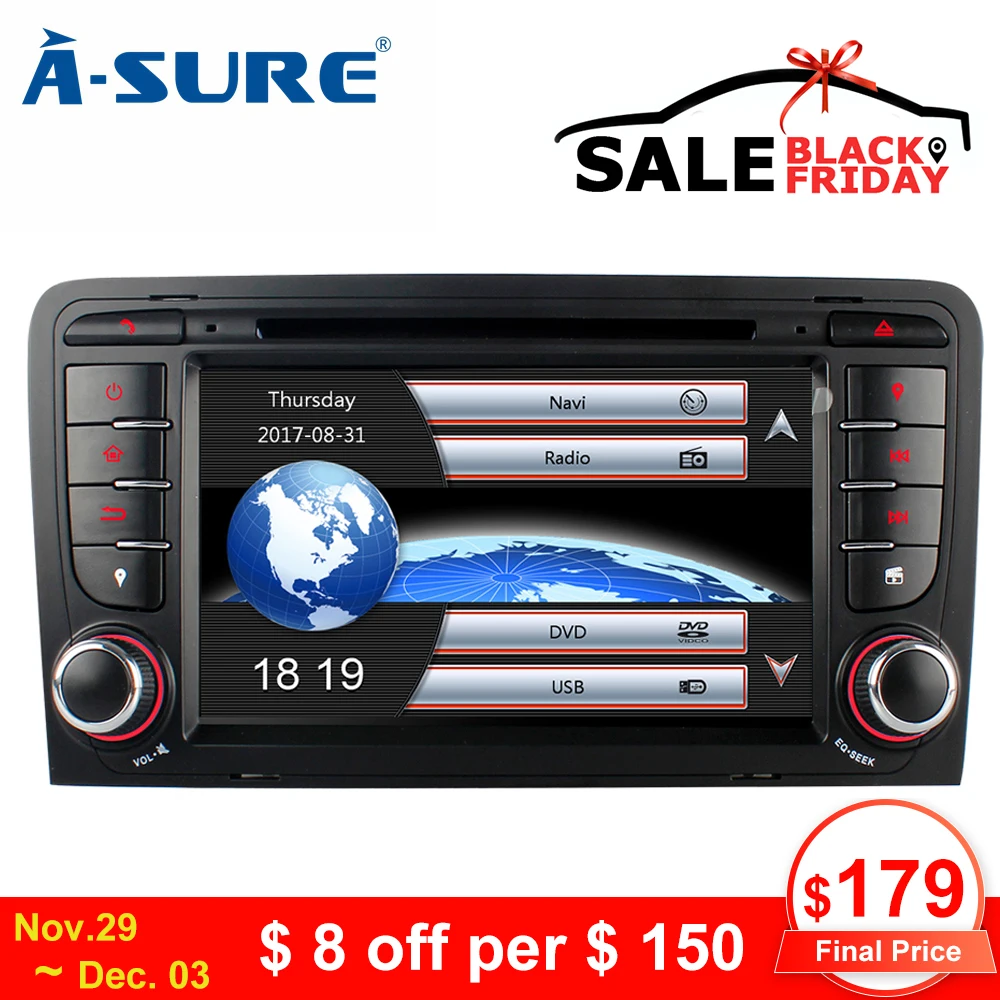 A-Sure 7 дюймов 2 Din 16G Авто Радио Стерео dvd-плеер gps навигация для AUDI A3 S3 RS3 8V 8PA DAB 3g Bluetooth SWC Bluetooth