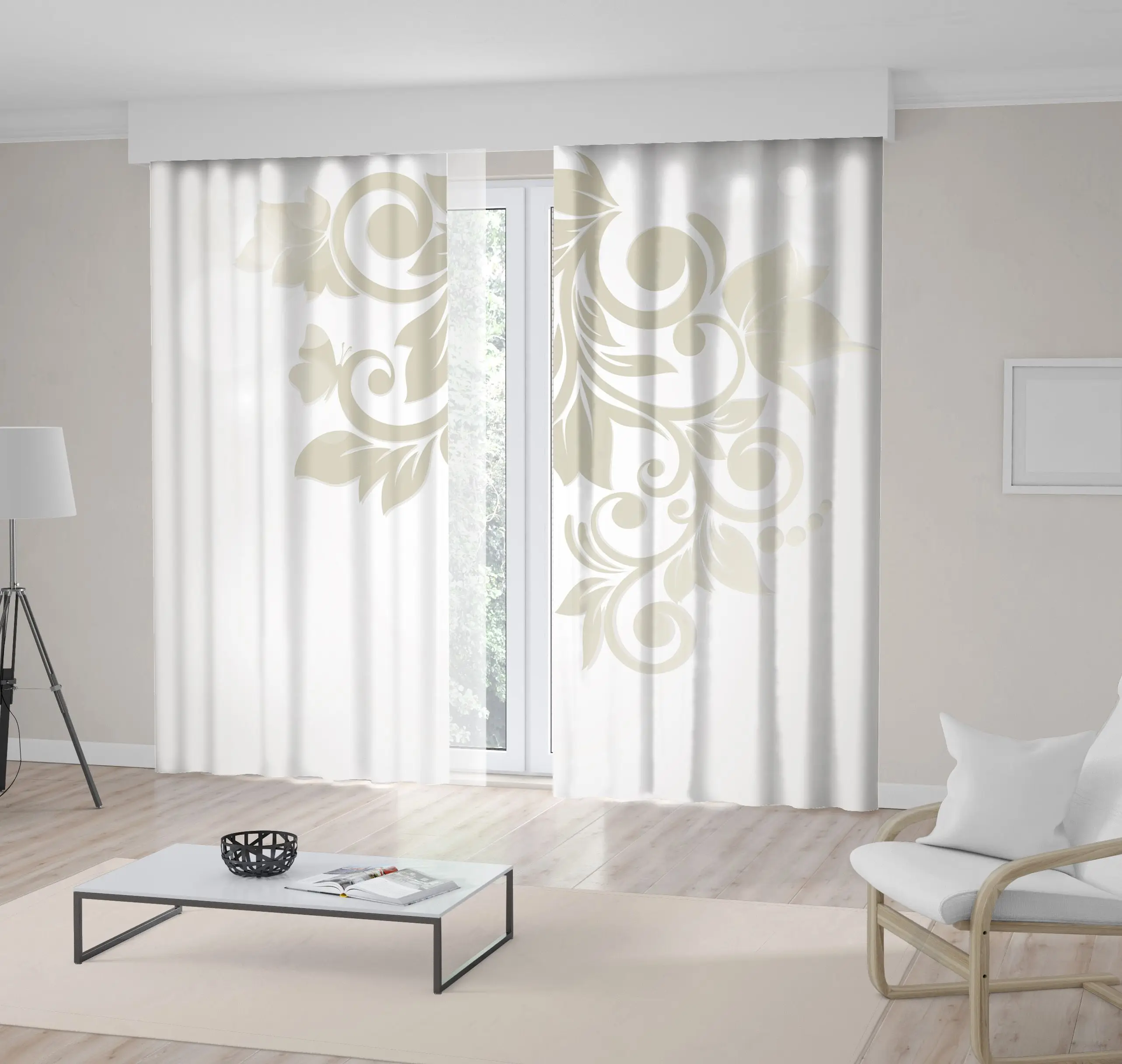 

Curtain Floral Pattern Classic Decorating Vintage Architectural Element Monochromic Artwork Beige White