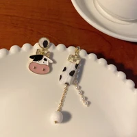korean fashion cute enamel cow earrings women elegant milk color pearl chain calf asymmetric earring girls party jewelry gift