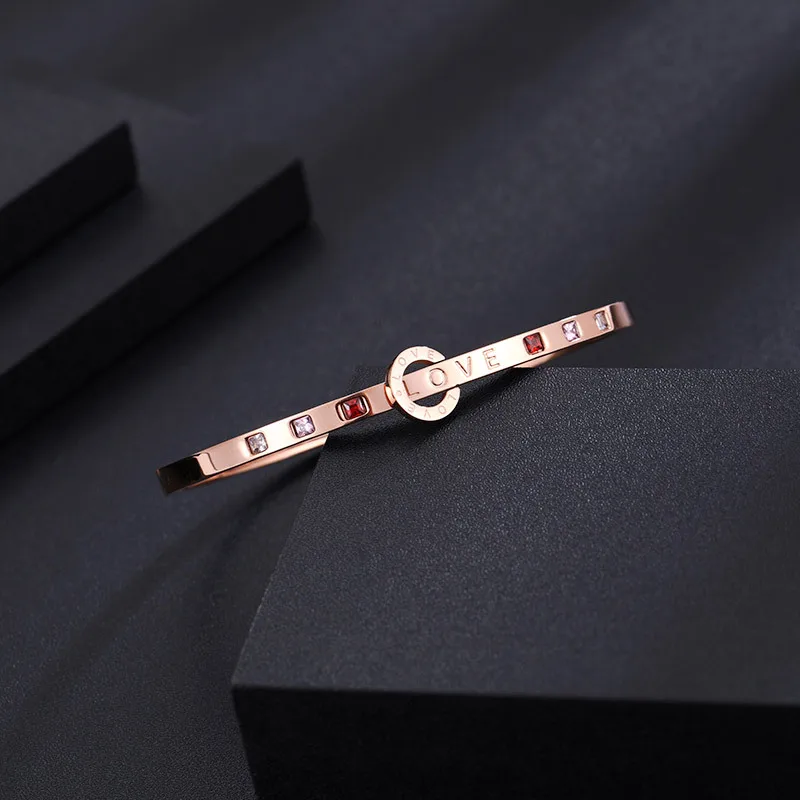 Розовое золото цвет нержавеющая сталь кристалл любовь письмо браслет для женщин