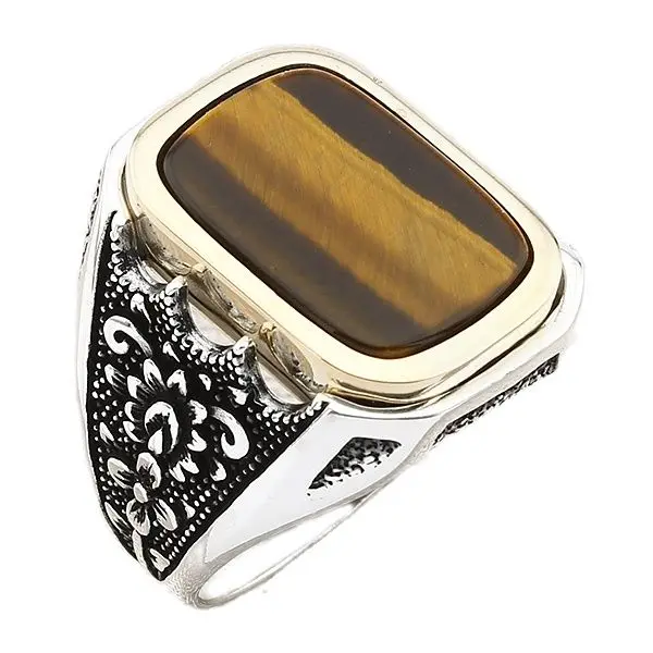 

Flowered Garden Design Sterling Silver Men's Ring with Rectangle Brown Tiger Eye Stone Halloween Gift Autumn Presents for Family