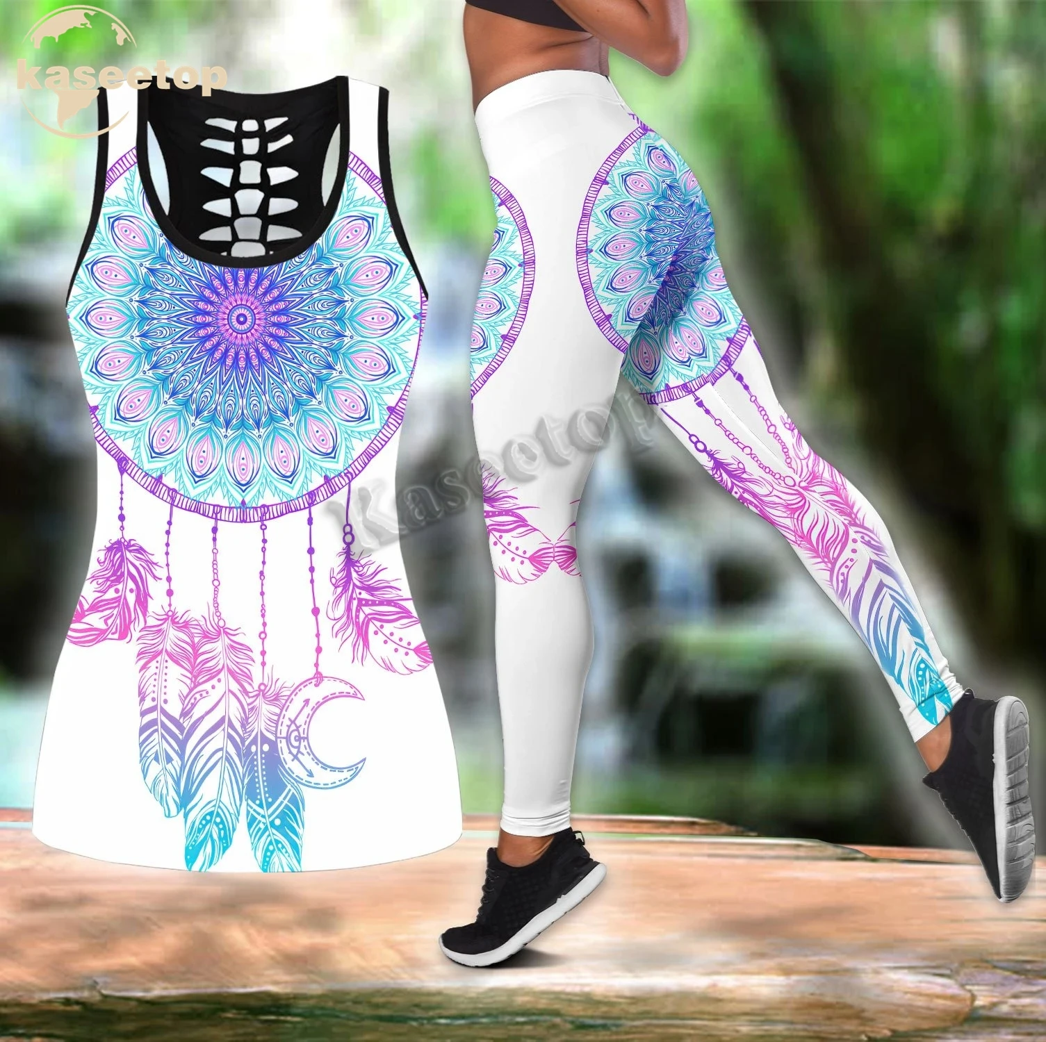 Женский летний комплект для йоги из двух предметов голубой жилет с 3D принтом