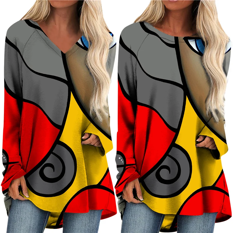 

Женские свободные топы с V-образным вырезом и круглым вырезом, Длинные пуловеры, Повседневная футболка с геометрическим принтом и длинными ...