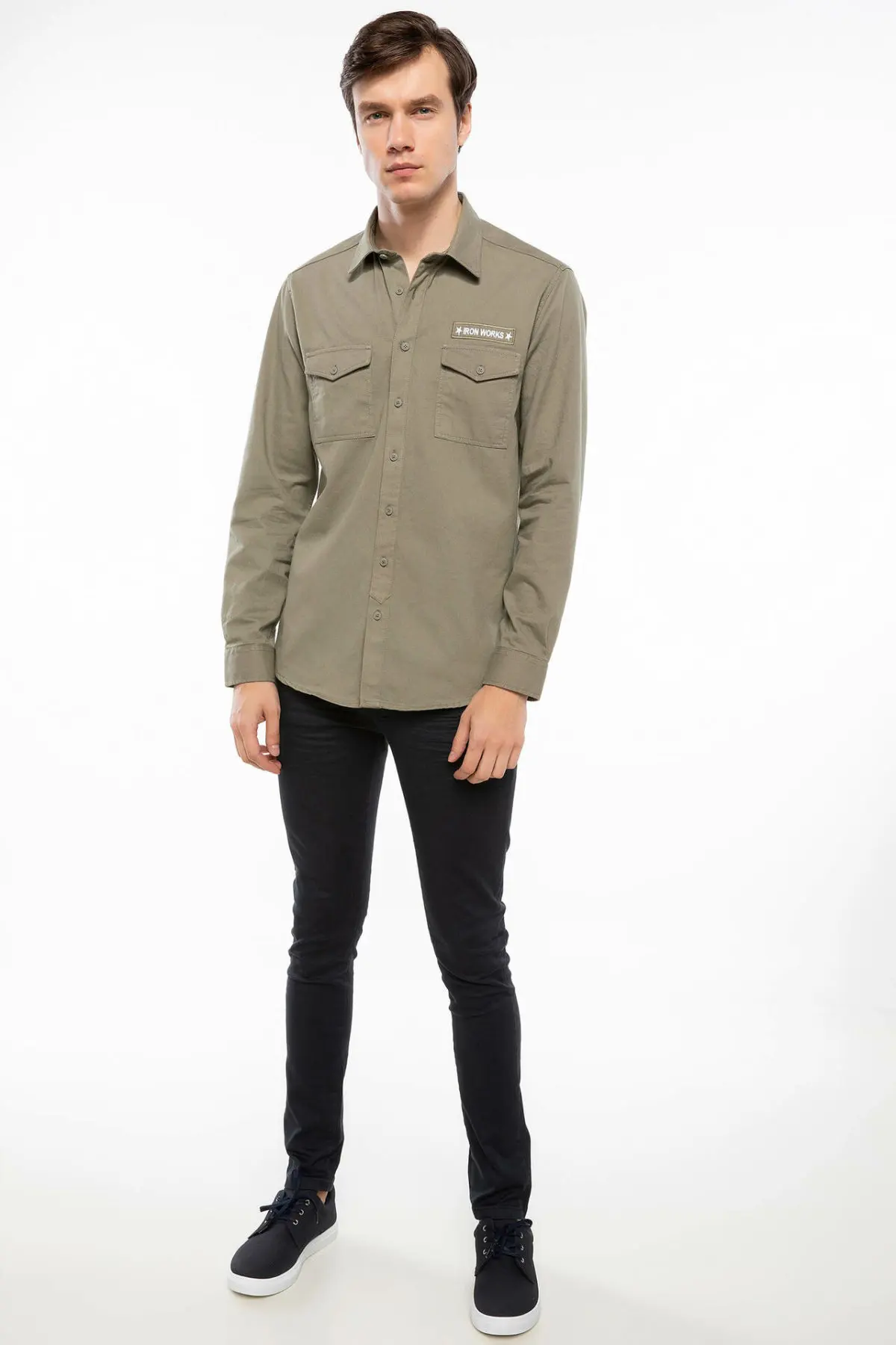 DeFacto Man Cool Army Green Tops Shirts Men Pockets Decors Casual Long Sleeve Shirt Male Autumn Shirts-J1538AZ18AU | Мужская одежда