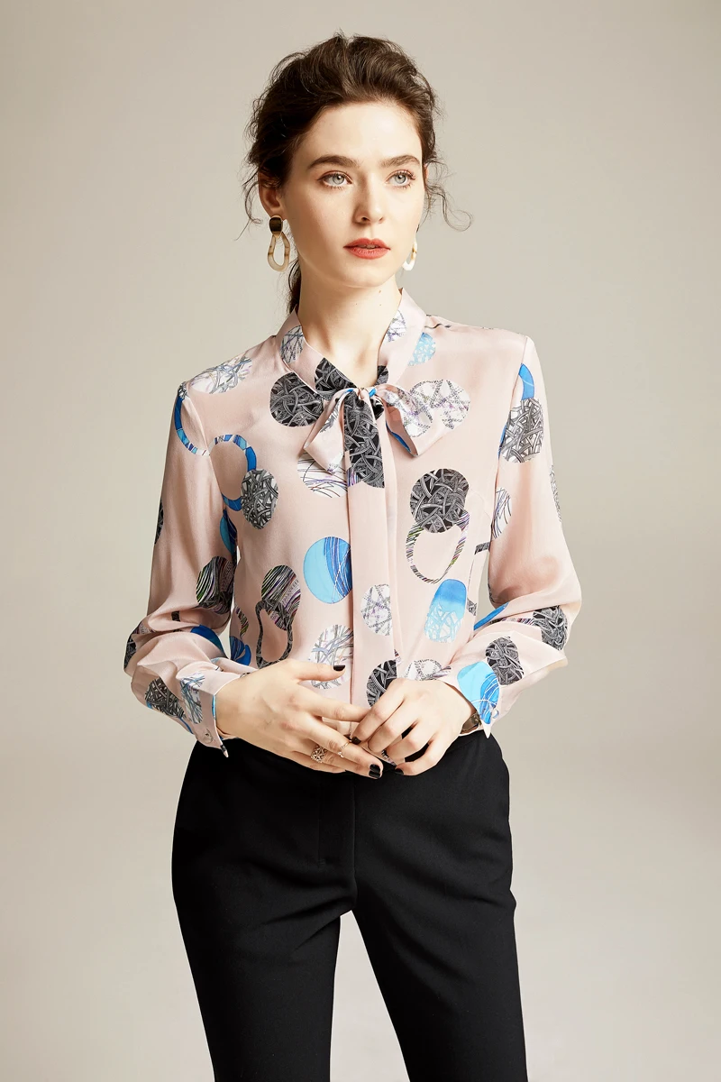 100% Pure Silk Women's Runway Shirts Bow Collar Long Sleeves Printed Elegant Spring Summer Casual Fashion Blouse Tops Shirt | Женская