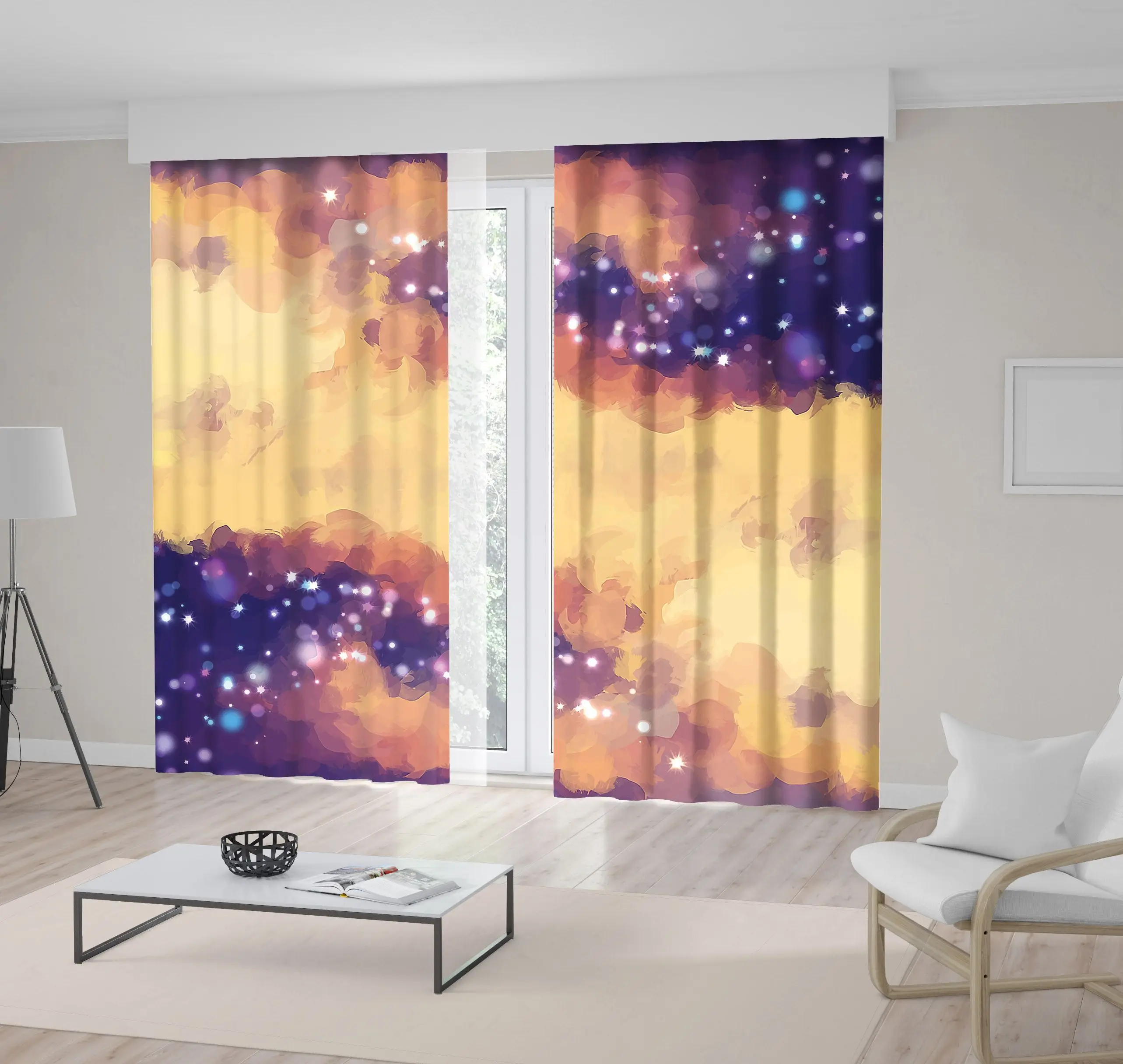 

Curtain Sparkling Stars Puffy Clouds Night Sky View Oil Painting Brush Strokes Art Purple Yellow