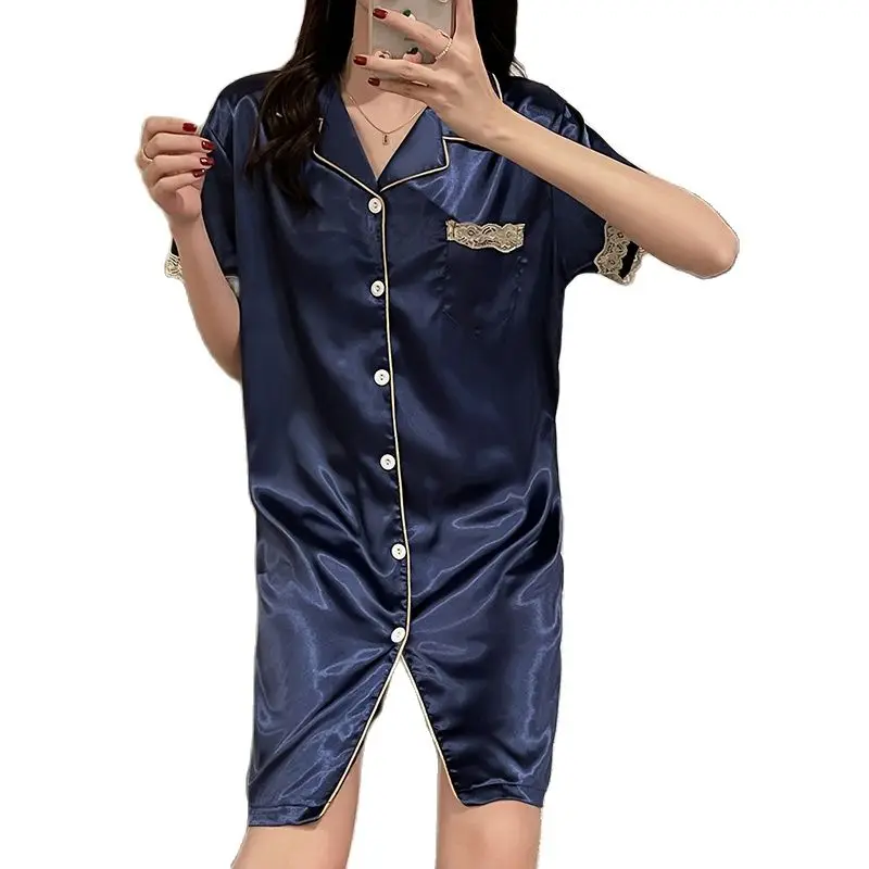 

female pregnant shirt dress one-piece lapel lace short sleeve single-breasted
