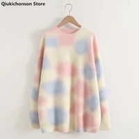 tie dye spring autumn mid long knit sweater women 2022 korean young style lolita o neck pullover tops loose jumper pull femme