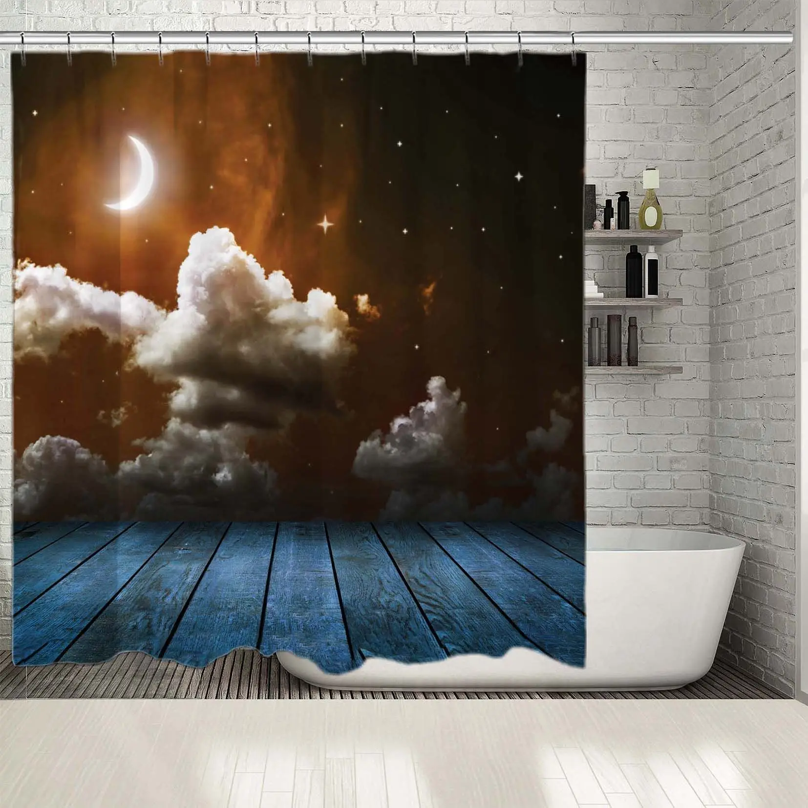 

Shower Curtain Clouds Shining Stars and New Moon Nature View from Wooden Deck Artwork Printed Blue White Brown
