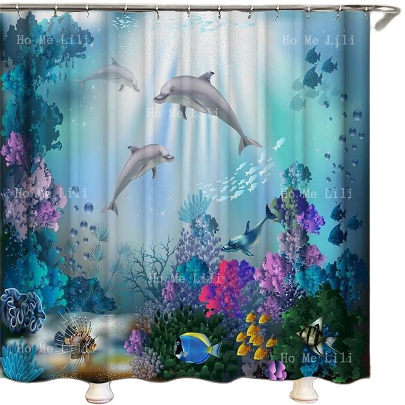 

Hippocampus Underwater World Teal Ocean Theme Seahorse Coral Reef Dolphin Tropical Algaes Design Modern Style Shower Curtain