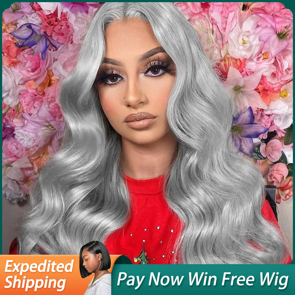 Grey Body Wave Human Hair Wigs For Women HD Transparent Lace Frontal Wig Silver Front 200 Density | Шиньоны и парики