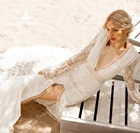 Женское свадебное платье-футляр с юбкой годе, кружевное ТРАПЕЦИЕВИДНОЕ ПЛАТЬЕ С Высоким Разрезом и Расклешенным рукавом, платье невесты с V-образным вырезом и аппликацией до пола, 2022