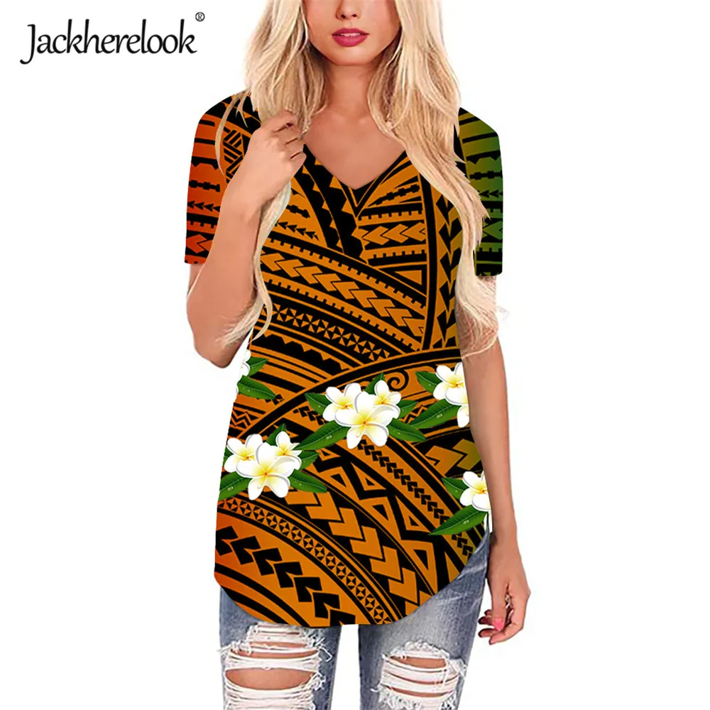 

Jackherelook Summer Loose Woman T Shirts Casual Tops Tees Samoa Polynesian Print Floral Girls V Neck Short Sleeve Clothing Mujer