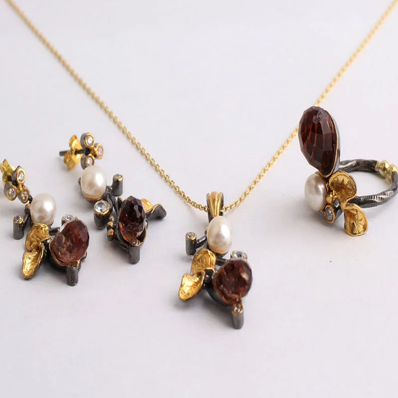 

Drop Pearl Leaf Zultanite Jewelry Set Gold Plated,Woman Silver Zultanite Ring+Necklace+Earrings,Handmade Woman Silver