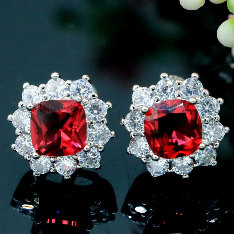 

13x13mm Gorgeous AAA Red Garnet CZ Engagement Fine Jewelry Silver Rings Earrings Minimalist style