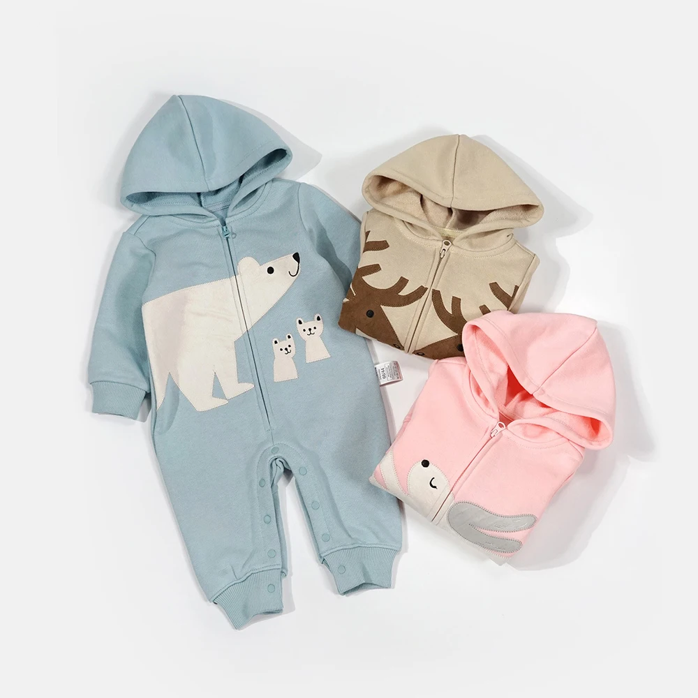 

Baby Hooded Romper Jumpsuit Longsleeves Cute Cartoon Design Infant Newborn One Piece