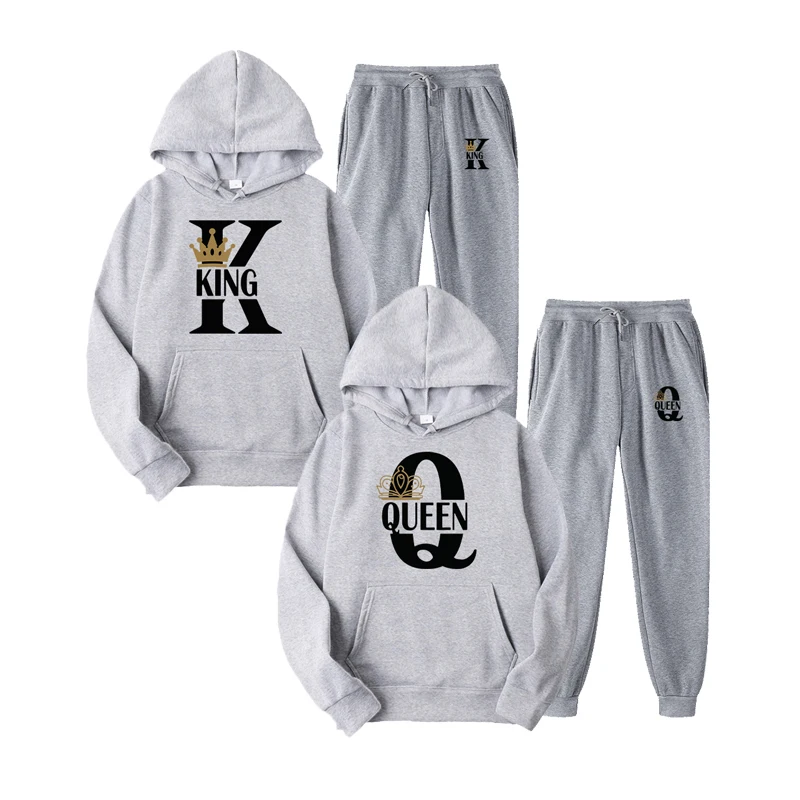 2023 Fashion Couple Sweatshirt KING QUEEN Printed Lover Hooded Suits Hoodie and Sweatpants 2pcs Set Streetwear Men Women Cloths images - 6