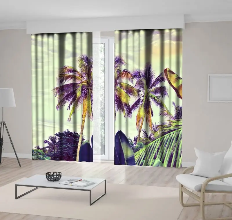 

Curtain Palm Trees Exotic Plants Against Cloudy Sky Sunset Tropical Landscape Photo Printed Green Yellow Purple
