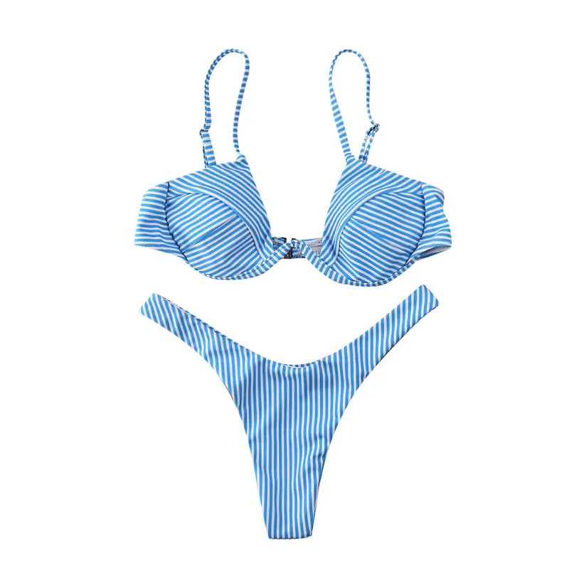 Blue Striped Дропшиппинг, сексуальный пуш-ап, без подкладки, бразильский комплект бикини для женщин, 4 цвета, бандажный комплект бикини, купальник, треугольный купальник, купальный костюм - Цвет: Blue Striped