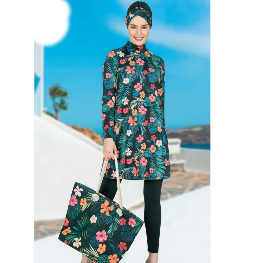 

Muslim Swimwear Women Modest Hijab Long Sleeves Sport Swimsuit 3pcs Islamic Burkinis Wear Bathing Suit Beach Bag