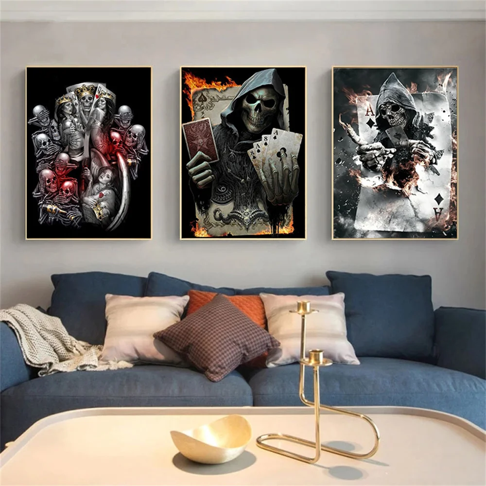 

Abstract Art Playing cards and Skulls Canvas Painting Wall Art Dark wind Poster Living room For Nordic Home Decoration Mural