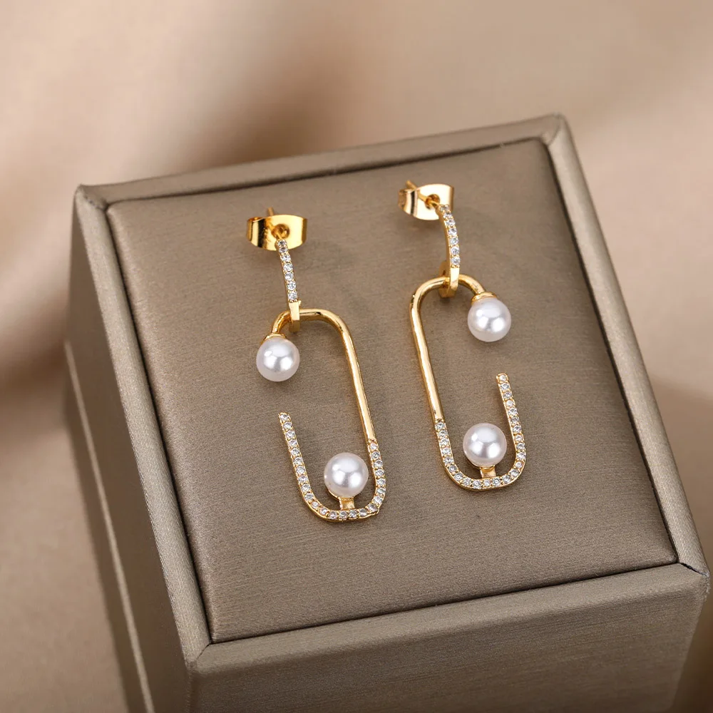 

Punk Pin Earring Zircon Paperclip Stud Earrings For Women Girls Elegant Fresh Water Pearl Earrings Female Jewelry Party Gift