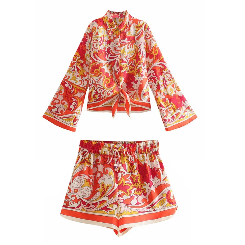 

Za Women Shirt Knot Print Crop Top Female Button Up Shirt Summer Woman Blouses 2021 Casual Loose Long Sleeve Collared Shirts