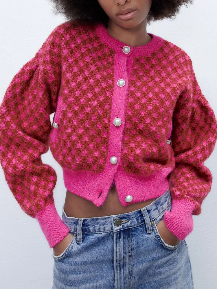 Новинка Зима 2022 женская одежда милый клетчатый вязаный жакет на пуговицах с