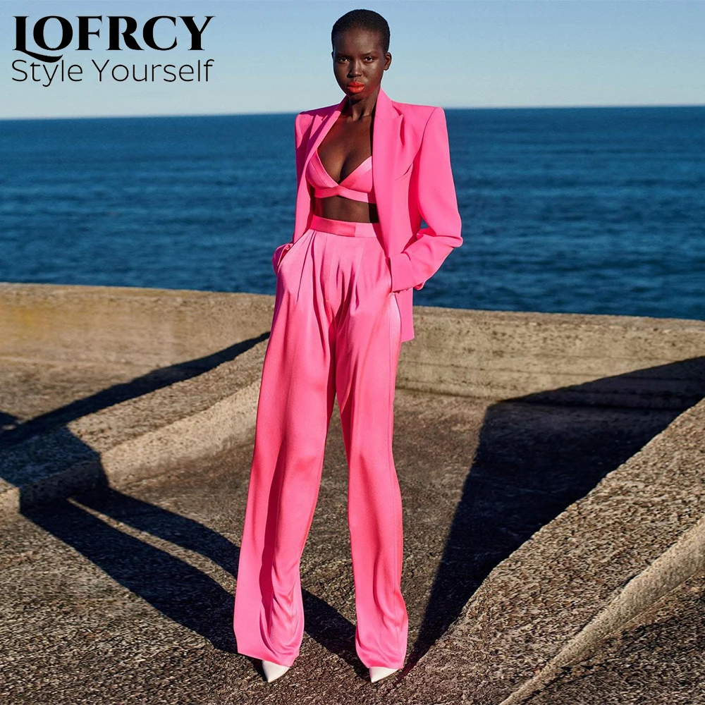 

Lofrcy Blazer Cami Long Sleeve Loose Pants 3 Piece Women Clothing Suits Sets Elegant Pink Blazer Female Office Rave Outfits
